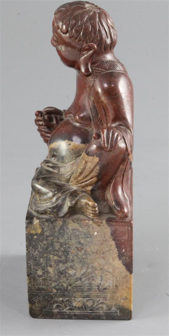 A good large Chinese soapstone seal, 19th century, height 17.3cm